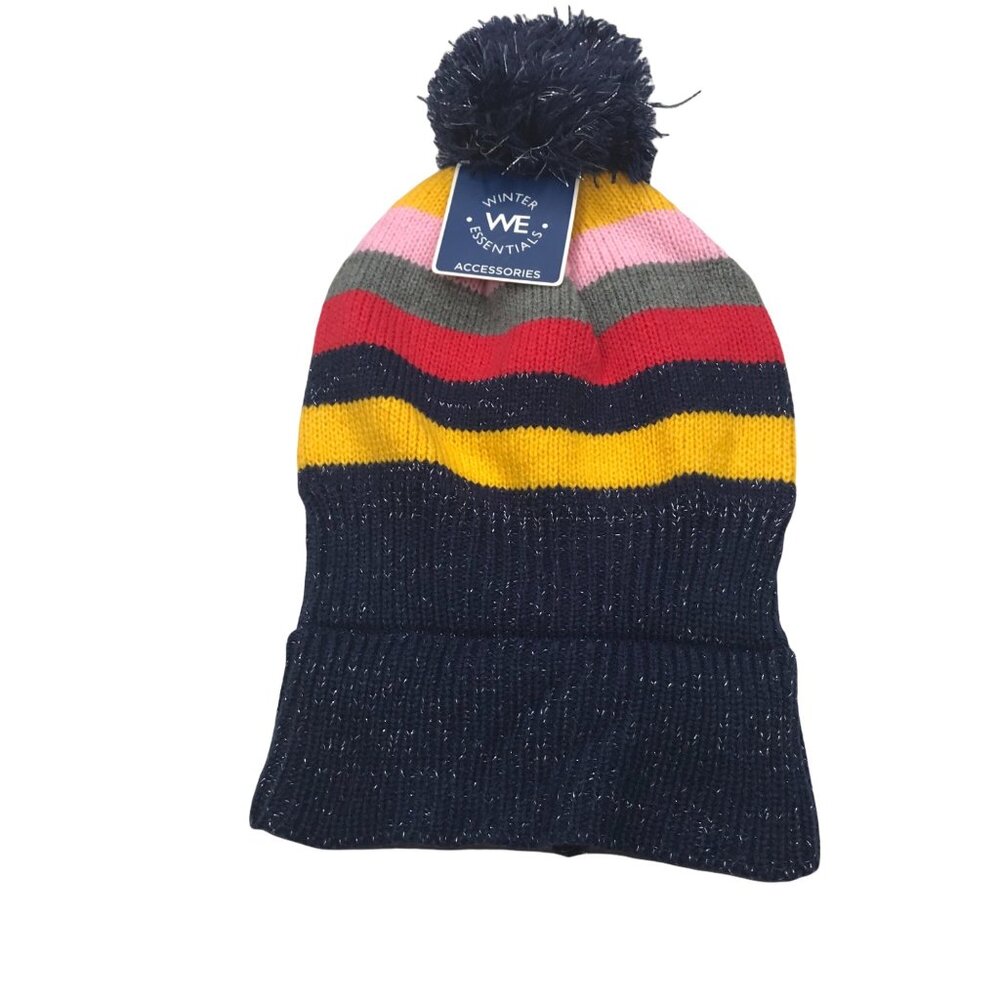 Winter Essentials Girls One Size Multicolor Stripe Knit Beanie with Pom New